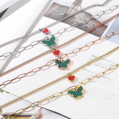 Collar De Capas De Acero Inoxidable Con Mariposa Verde Patrón Malaquita Y Colgante Corazón Rojo Cadena Paperclip