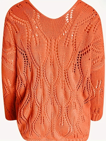 Maglione In Maglia Traforata Da Donna Scollo V Maniche Lunghe Uncinetto Morbido Misto Poliestere Spandex Casual Autunno Inverno