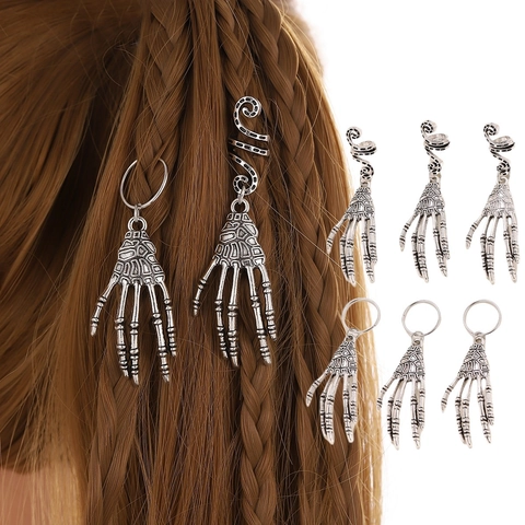Skeleton Hand Hair Rings Alloy Gothic Punk Halloween Dreadlock Clips Braiding Accessories Silver Novelty