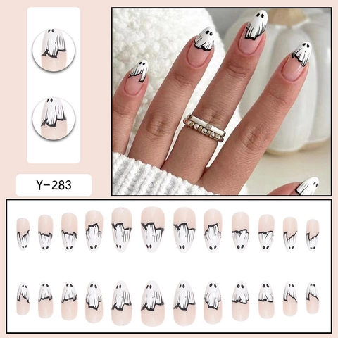 Halloween Geest Kunstnagels Roze Amandel Nepnagels Met Lijm Schattig Cartoon Druppelvorm Draagbaar Vingernagels Voor Dames