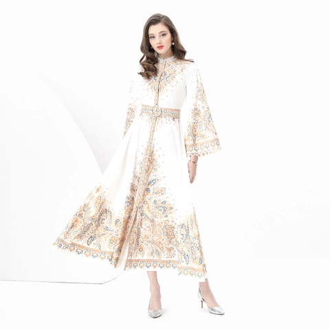 Vintage Barock Print Maxikleid Stehkragen Langarm Mit Gürtel A-Linie Elegant Polyester Retro Stil Für Damen