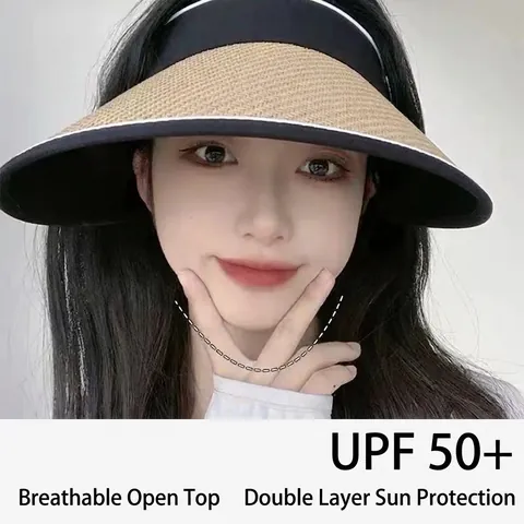 Women Sun Hat UV Protection UPF 50 Wide Brim Visor Foldable Straw Breathable Outdoor Summer Beach Empty Top