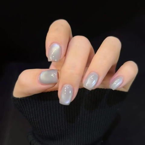 Press On Nails Cat Eye Effect ABS Plastic Removable Reusable Short Ballet Square Shape Glossy Artificial Pearl Blue Elegant Fashion