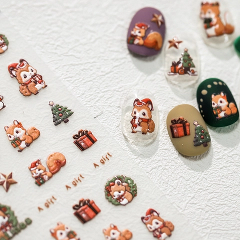 Christmas Nail Art Stickers 5D Embossed Cartoon Squirrel Tree Gift Design Adhesive DIY Manicure Accessories For Women