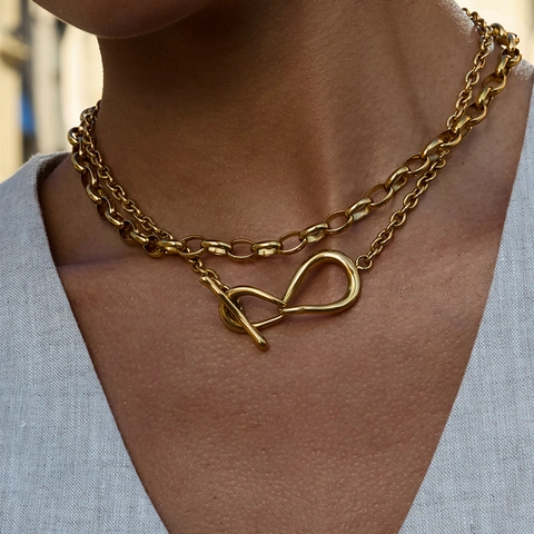 Double Layer Stainless Steel Necklace With Infinity Knot Pendant And Toggle Clasp For Women Fashion Jewelry