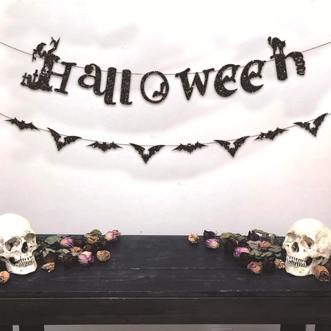 Striscione Halloween Lettere Glitter Nere Pipistrello Teschio Ghirlanda Decorazione Festa Fondale Casa Stregata
