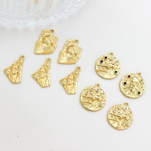 Dijes De Cobre Chapado En Oro Vintage Con Circonita Retro Relieve Diosa Ángel Dinosaurio Para Fabricación De Joyas DIY