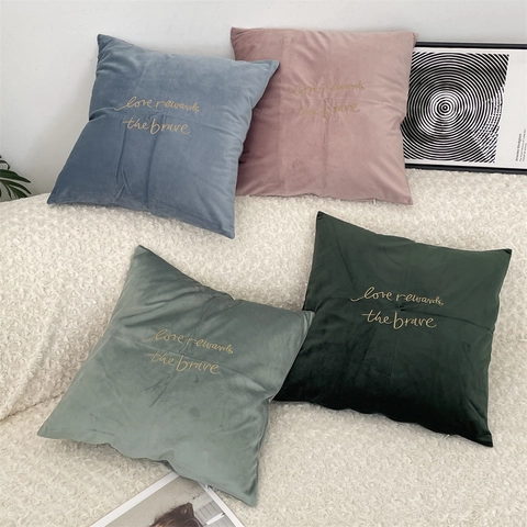 Velvet Throw Pillow Cover Gold Letter Embroidery Love Rewards The Brave Soft Square Decorative Cushion Case Morandi