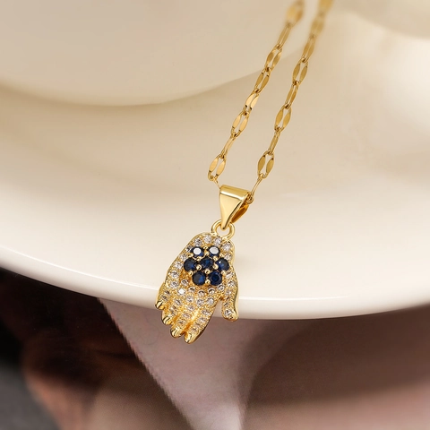 Hamsa Hand Pendant Necklace Copper Gold Plated Zircon Evil Eye Protection Dainty Jewelry For Women