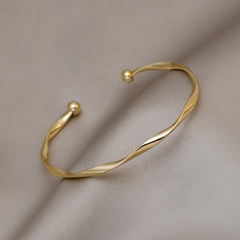 Bracciale Rigido Aperto Intrecciato Minimalista Per Donna Lega Spirale Braccialetto Con Finali A Sfera Gioielli Chic