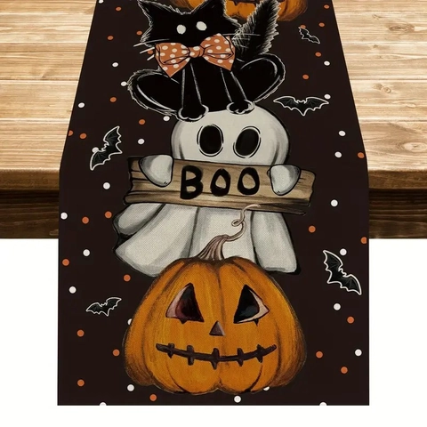 Halloween Table Runner Linen Ghost Pumpkin Spooky Patterns Holiday Dining Decor Festive Party Kitchen Accessory