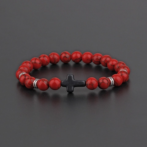Bracciale Perline Ciondolo Croce Pietra Lavica Naturale Occhio Di Tigre Turchese Bianco Elastico Yoga Gioielli Unisex