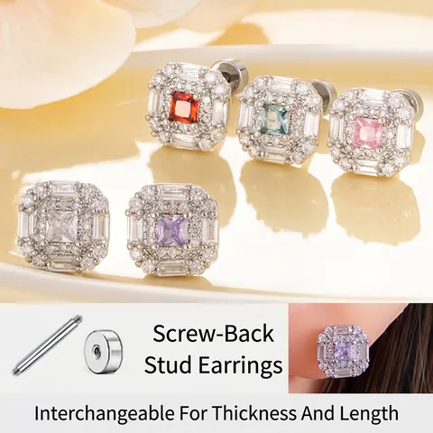 Titaniumstaal Vierkante Zirkonia Oorbellen Koper Kraakbeen Studs Vrouwen Schroefsluiting Veilig Slapen Geometrische Luxe Sieraden