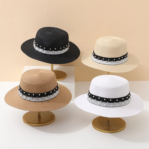 Boater Hat Women Summer Straw Sun Protection Flat Top Beach Elegant Artificial Pearl Rhinestone Decoration Breathable Wide Brim