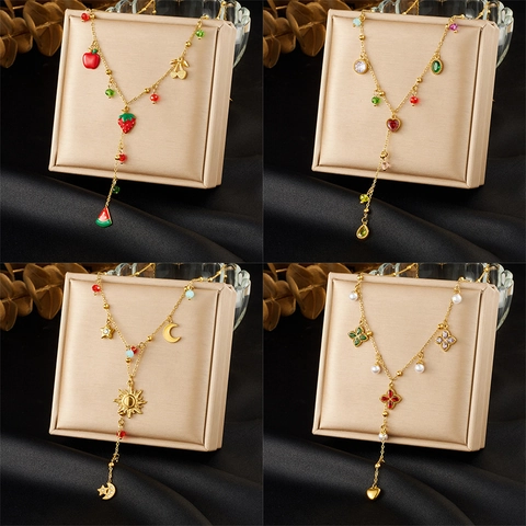 Collier En Y Acier Inoxydable 304 Plaqué Or Charmes Fruits Fraise Étoile Lune Strass Colorés Bijoux Pour Femmes