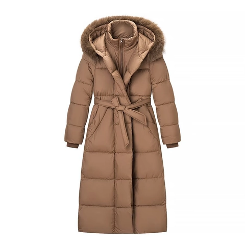 Women Winter Long Hooded Padded Coat Faux Fur Collar Waist Belt Quilted Puffer Jacket Warm Streetwear Outerwear Fashion Windproof