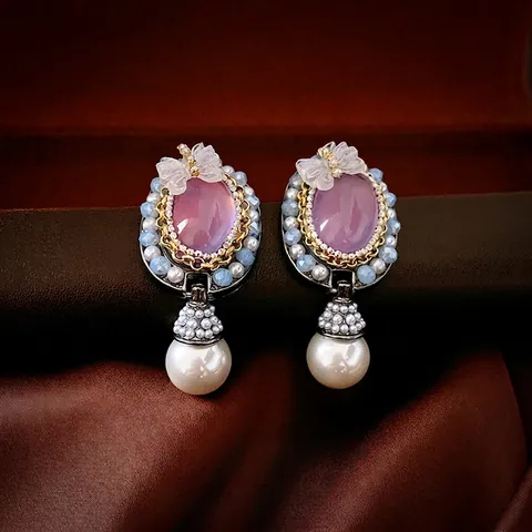 Pendientes De Cristal Ovalado Púrpura Barroco Vintage Con Lazo Transparente Y Perla Artificial 925 Sterling Silver Earring Post