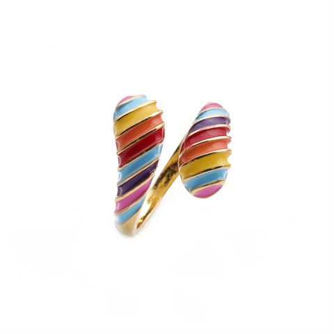 Rainbow Striped Colorful Enamel Zircon Open Ring Copper Gold Plated Adjustable Fashion Finger Jewelry For Women