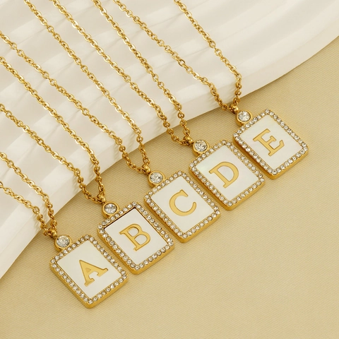 Collar Inicial Acero Inoxidable Chapado En Oro 18K Concha Colgante Cuadrado Letra Alfabeto Circonita Joyería Moda Mujer