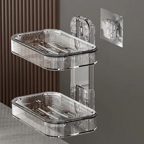 Wall Mounted Soap Box Transparent Double Layer PET Plastic Drainage Holder For Bathroom Kitchen Punch Free Adhesive