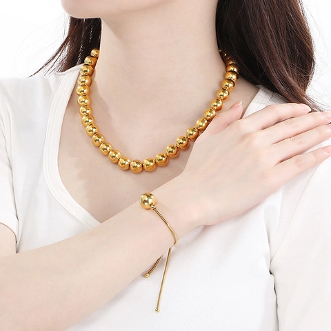 Stainless Steel Jewelry Necklace Bracelet Earrings Round Hollow Beads Polished Fashion Geometric Trendy For Women