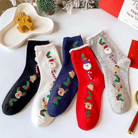 Calcetines De Navidad Para Mujer De Punto De Algodón Con Ribete De Piel Sintética Bordado De Papá Noel Reno Invierno Cálido
