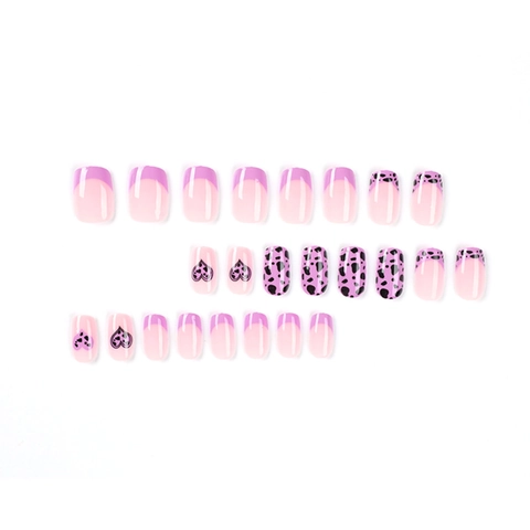 Press On Nägel French Tip Herz Leopardenmuster Violett Rosa Kunststoff Abnehmbare Künstliche Falsche Nägel Für Damen