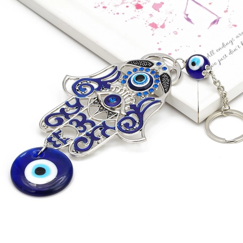 Portachiavi Mano Di Hamsa Malocchio Lega Argento Smalto Blu Perla Di Vetro Ciondolo Portafortuna Borsa Auto