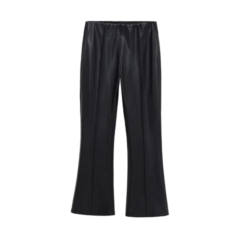 Pantaloni a Campana da Donna in Pelle PU a Vita Alta Vita Elastica Tinta Unita Pantaloni Lunghi Streetwear