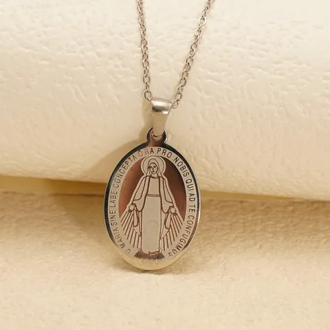 Wundertätige Medaille Halskette 304 Edelstahl Religiöse Jungfrau Maria Oval Retro Porträt Anhänger Vintage Katholischer Schmuck