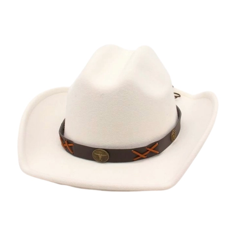 Western Cowboy Hat Vintage Polyester Felt Wide Brim Hat With Leather Band And Metal Bull Head For Men Women