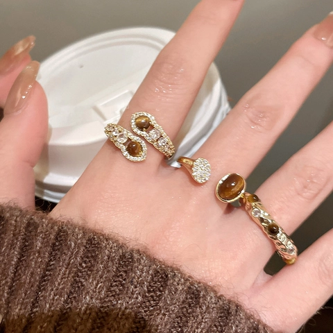 Retro Tiger Eye Stone Zircon Open Ring 18K Gold Plated Adjustable Finger Jewelry Versatile Light Luxury For Women