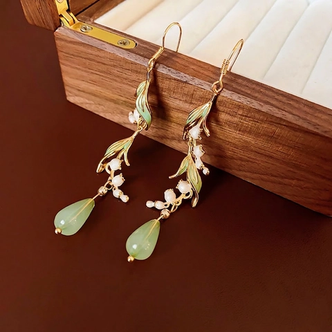 Pendientes De Gota Lirio De Los Valles Esmalte Hoja Verde Gota De Agua Resina Flor Con Silver Earring Post Vintage Francés