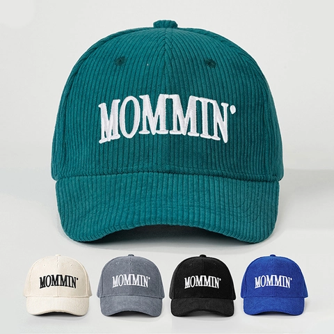 Corduroy Baseball Cap With MOMMIN' Letter Embroidery Vintage Adjustable Sun Protection Retro Casual Sports Hat For Women