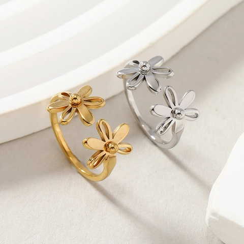Double Daisy Flower Open Ring Stainless Steel Adjustable Minimalist Chic Fashion Jewelry For Women