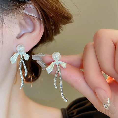 Orecchini Pendenti Con Fiocco Künstliche Perle Finte Strass E Perno In Argento Gioielli Dolci Eleganti Con Nappine Per Donne
