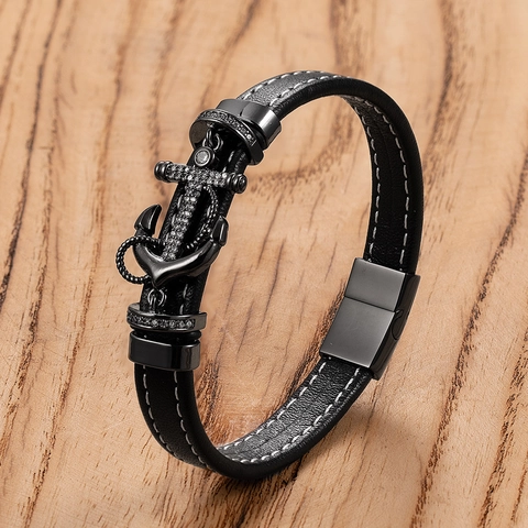 Pulsera De Cuero Con Ancla Para Hombre Acero Inoxidable Diamantes De Imitación Náutica Trenzada Joyería