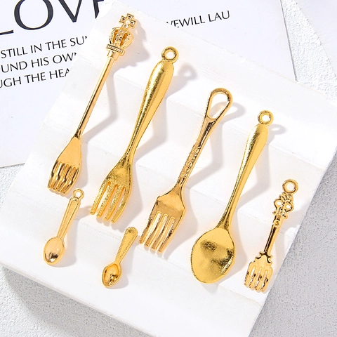 Colgantes Cubiertos Miniatura Aleación Zinc Forma Tenedor Cuchara Chapado Oro Accesorios Fabricación Joyas DIY Pulsera