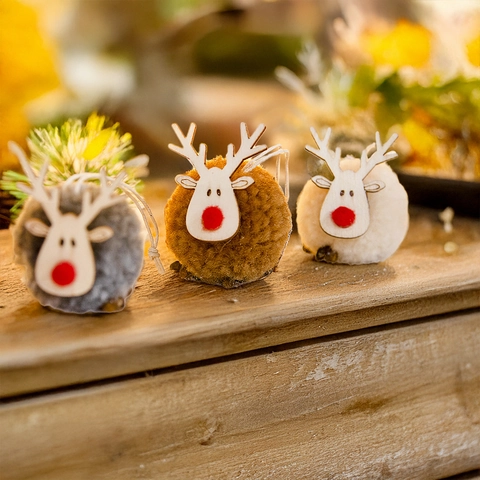 Christmas Reindeer Sheep Felt Ball Hanging Ornaments Wooden Plywood Mini Cute Lamb Wool Pellets Xmas Tree Holiday Decor