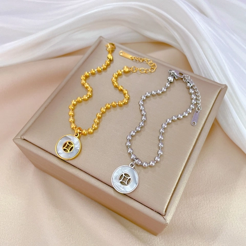 Round Bead Chain Bracelet With Mother Of Artificial Pearl Coin Charm Stainless Steel Jewelry For Women Adjustable Vintage Style
