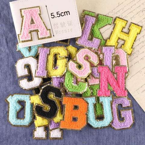 Patchs De Lettres De L Alphabet En Chenille Avec Bordure Dorée Brillante Broderie Serviette À Repasser Pour Décoration De Vêtement Sac Chapeau