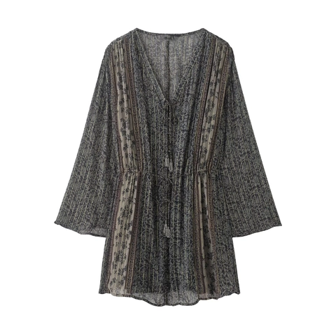 Bohemian V-Ausschnitt Mini-Kleid Damen Blumendruck Chiffon Langarm Mit Goldmetallfaden Quaste Kordelzug Taille