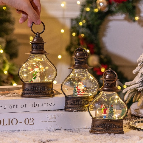 Vintage Christmas LED Lantern Retro Antique Bronze Night Light With Santa Snowman Reindeer For Holiday Home Tabletop Decor