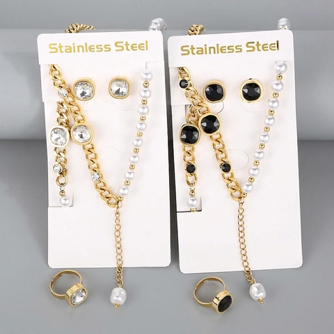 Stainless Steel Jewelry Square Zircon And Imitation Artificial Pearl Necklace Bracelet Ring Earrings Chunky Chain Fashion Trendy