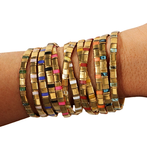 Bohemian Tila Bead Bracelets Enamel Metal Geometric Elastic Stackable Handmade Vintage Jewelry For Women Men