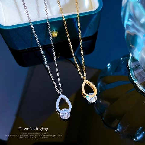 Stainless Steel Teardrop Pendant Necklace For Women Hollow Waterdrop Zircon Minimalist Elegant Gold Plated Jewelry Accessory