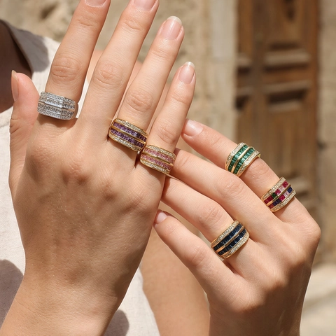 Mode Kupfer 18K Vergoldet Regenbogen Zirkonia Offener Ring Für Damen Personalisierte Geometrische Eingelegt Band Ring Schmuck