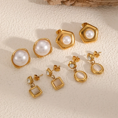 Orecchini A Lobo Vintage Acciaio Inossidabile Placcato Oro Perla Artificiale Pietra Occhio Di Gato Geometrici Quadrati Ovali Per Donna