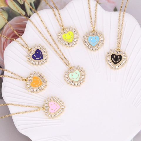 Heart Pendant Necklace Stainless Steel Micro Zircon Enamel Smile Face Fashion Jewelry For Women