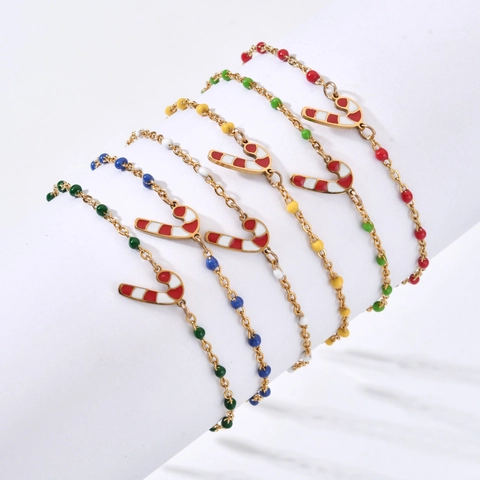Weihnachtsarmband Edelstahl Emaille Zuckerstange Anhänger Goldkette Bunte Perlen Urlaub Schmuck Damen
